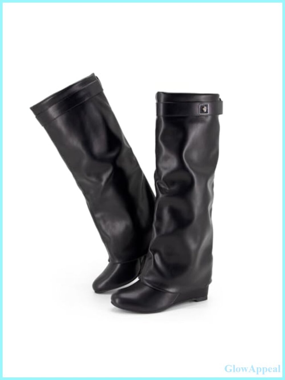 Fold Over Knee High Shark Boots Wedge Heel PU Leather Women's